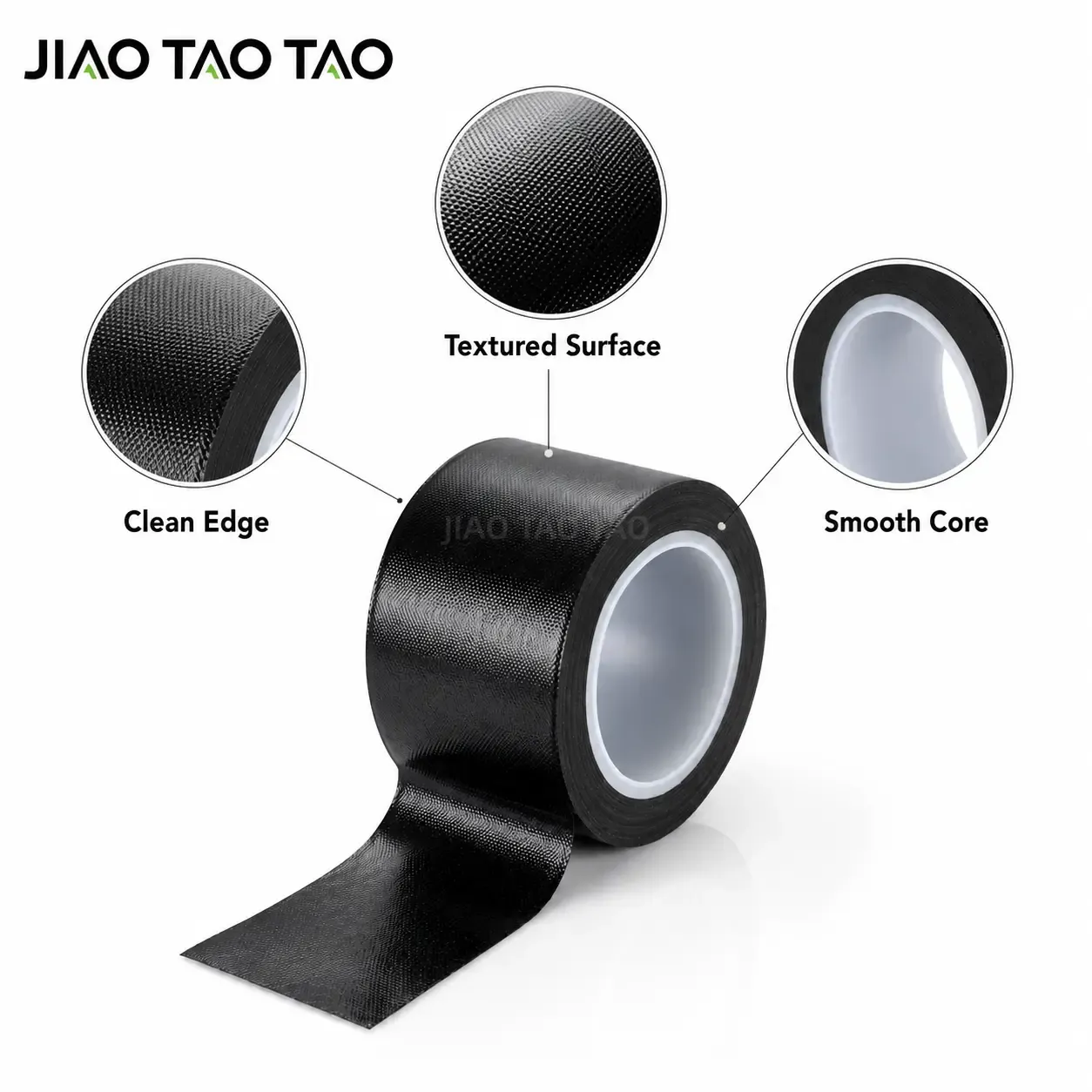 Black PTFE coated fiberglass tape material construction with PTFE coating, fiberglass fabric, and silicone adhesive.
